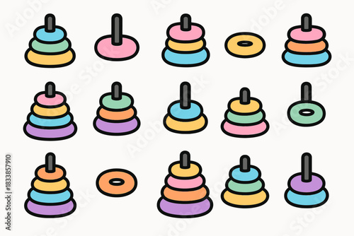 Colorful stacking rings puzzle sequence in pastel tones
