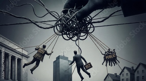 A complex network of strings controlled by unseen hands manipulates figures representing government, business, and the public