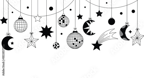 A festive black and white border of hanging disco balls stars and moons for a modern party invitation or decoration.