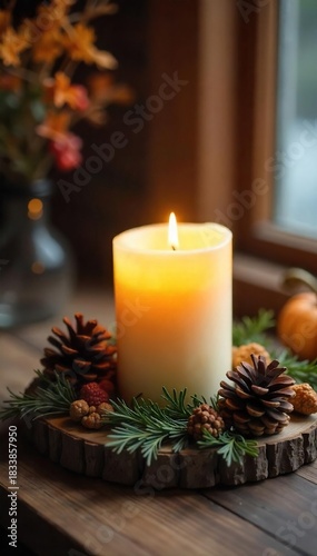 Cozy Autumn and Winter Decor Rustic Pine Cone Candle Still Life Photography