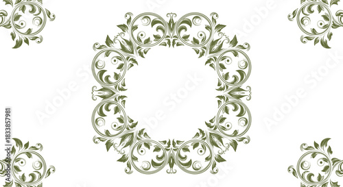 A symmetrical and elegant design with a central circular vintage floral frame and matching corner elements in olive green.