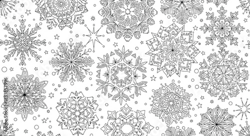 A seamless black and white pattern of highly detailed and intricate hand-drawn snowflakes perfect for an adult coloring page.