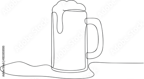 Single line drawing of a beer mug with overflowing foam