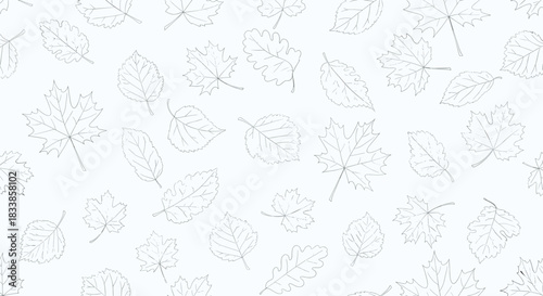 A subtle and seamless background pattern of various autumn leaves made of light grey dots on a clean white backdrop.