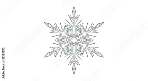 An intricate and symmetrical blue and silver snowflake design with detailed geometric patterns isolated on a white background.