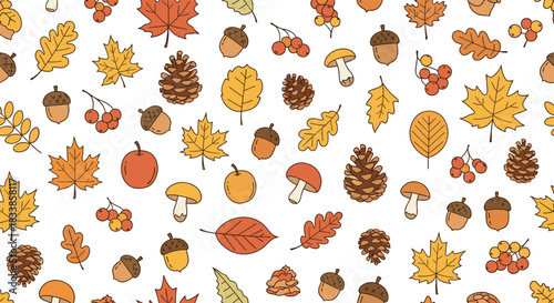A seamless and repeating autumn pattern featuring colorful leaves acorns mushrooms and berries on a clean white background.