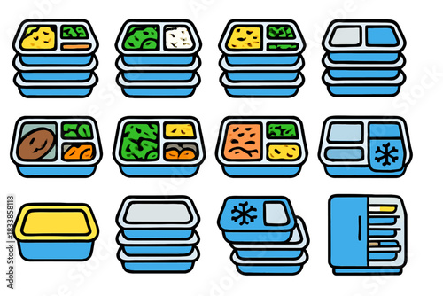 Variety of packed frozen meals and food storage containers