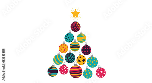 A modern and festive Christmas tree shape composed of many colorful patterned baubles and topped with a bright yellow star.