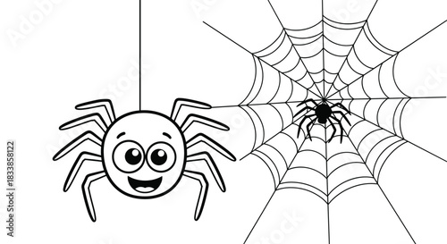 A black and white coloring page featuring a cute cartoon spider and a more realistic spider on its web for Halloween fun.