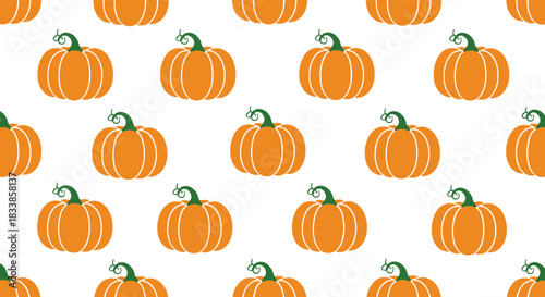 A seamless repeating background pattern of simple orange pumpkins with green stems perfect for Halloween or Thanksgiving.
