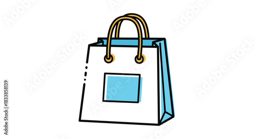 A simple and modern illustration of a white and blue shopping bag with handles perfect for retail or e-commerce icons.