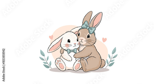 An adorable hand-drawn illustration of two cute bunnies hugging surrounded by leaves and hearts for a sweet nursery design.