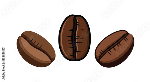 A simple and bold cartoon illustration of three roasted brown coffee beans isolated on a clean white background for cafe branding.