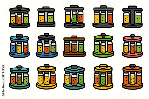 Colorful test tubes in rack icon set for science and education