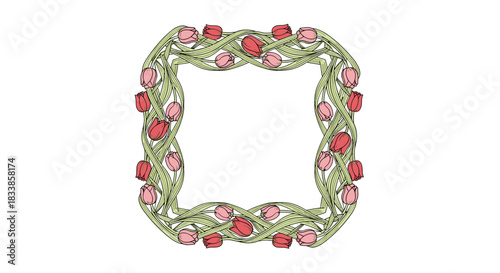 An ornate and elegant square frame made of intertwined red and pink tulips in a beautiful vintage or retro illustration style.