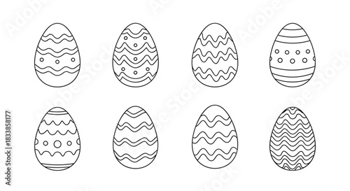 A set of eight Easter eggs with different simple doodle patterns in a black and white line art style for coloring pages.