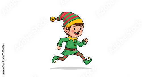 A cheerful cartoon Christmas elf character with a striped hat running happily isolated on a plain white background for holiday designs.