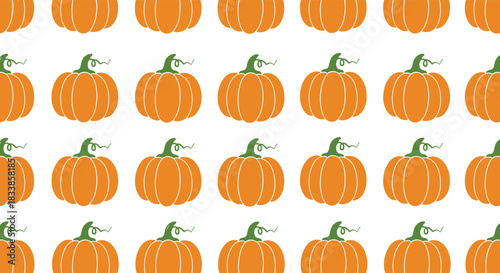 A seamless and repeating pattern of bright orange pumpkins with green stems on a white background for autumn celebrations.