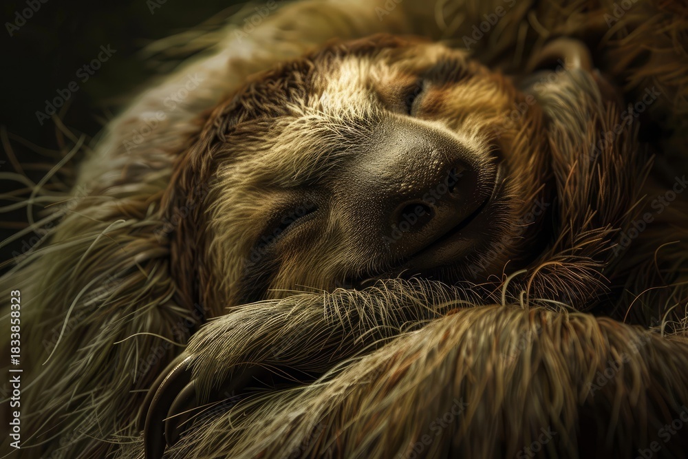 Obraz premium Closeup of a smiling sloth sleeping peacefully, embracing its soft fur