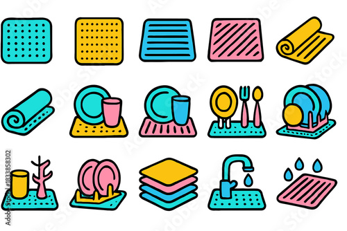 Colorful kitchen icon set featuring mats, plates, utensils, and water faucet
