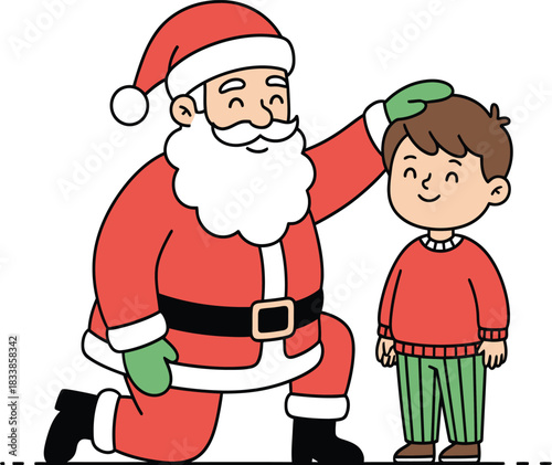 Santa Claus kneeling and patting a smiling boy on the head Keywords: santa, claus, christmas, father