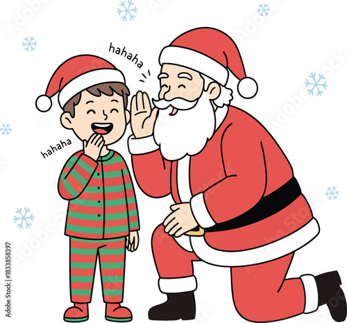 Santa Claus whispering a secret to a laughing boy surrounded by snowflakes Christmas