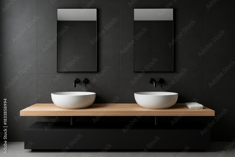 Fototapeta premium Modern black bathroom interior with minimalist double sink design and wood counter concept in a dark stylish setting. Ai generative. Ai generative