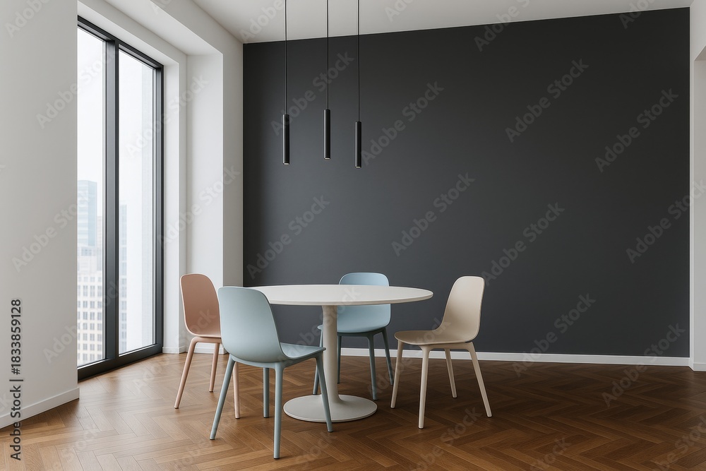 Fototapeta premium Minimalist dining room interior with round table and colorful chairs against dark accent wall and large window in modern apartment concept. Ai generative