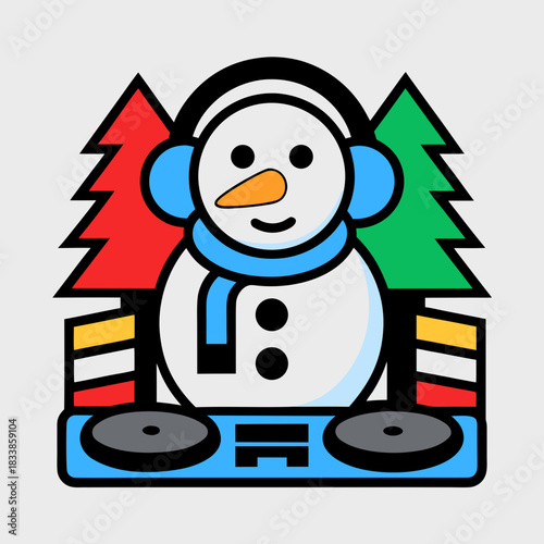 DJ snowman with headphones and turntables music