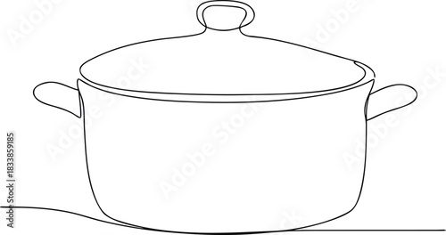 Single line drawing of a cooking pot with lid saucepan