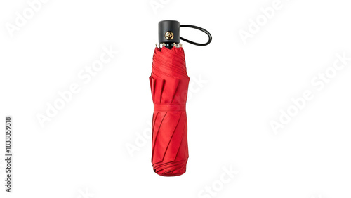 Closed red compact umbrella isolated on transparent background