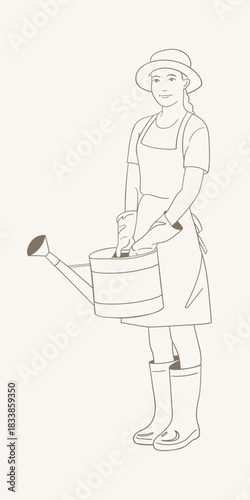 Line art of a female gardener holding a watering can. Simple outline style with hat, gloves, apron and boots on a light background.