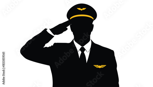 Silhouette of a pilot saluting wearing a uniform with a hat illustration isolated on white background