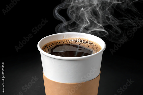 A steaming cup of black coffee in a white paper cup with a brown sleeve on a dark background
