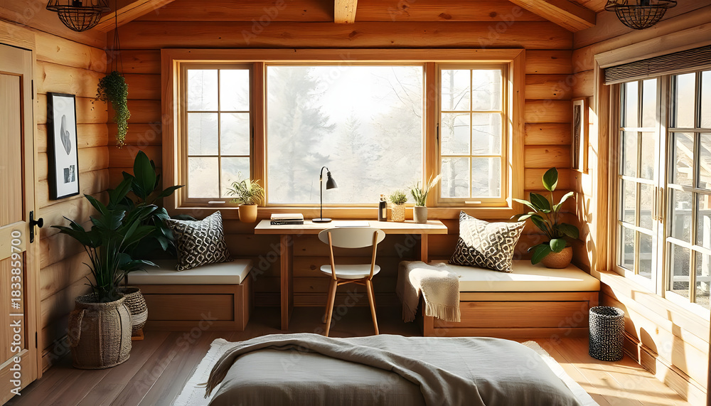 Fototapeta premium Comfortable Cabin Interior with Desk, Bed, and Natural Light Furnishing