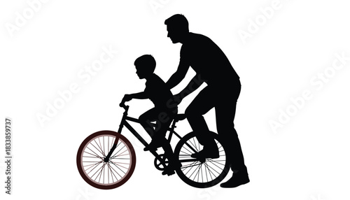 Silhouette of a father teaching his son to ride a bicycle a bonding moment illustration isolated on white