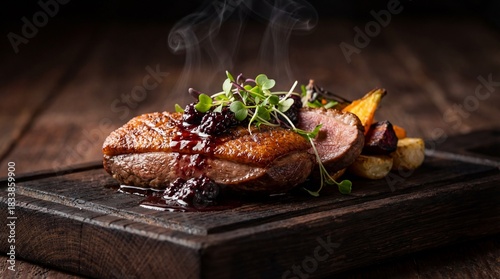 Professional food photography of a gourmet plated dish, dark rustic wood background
