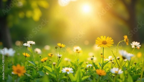 Sun-dappled Wildflowers Idyllic Summer Meadow Landscape, Peaceful Serenity and Joy