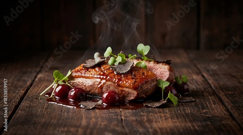 Professional food photography of a gourmet plated dish, dark rustic wood background
