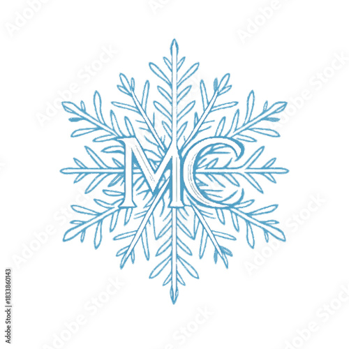 Elegant blue snowflake design with ornate mc monogram initials in the center isolated on white background