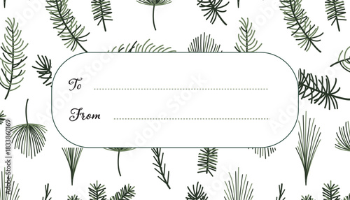 Gift Tag with Handdrawn Pine Branches. Elegant Minimal Winter Label for Christmas Wrapping