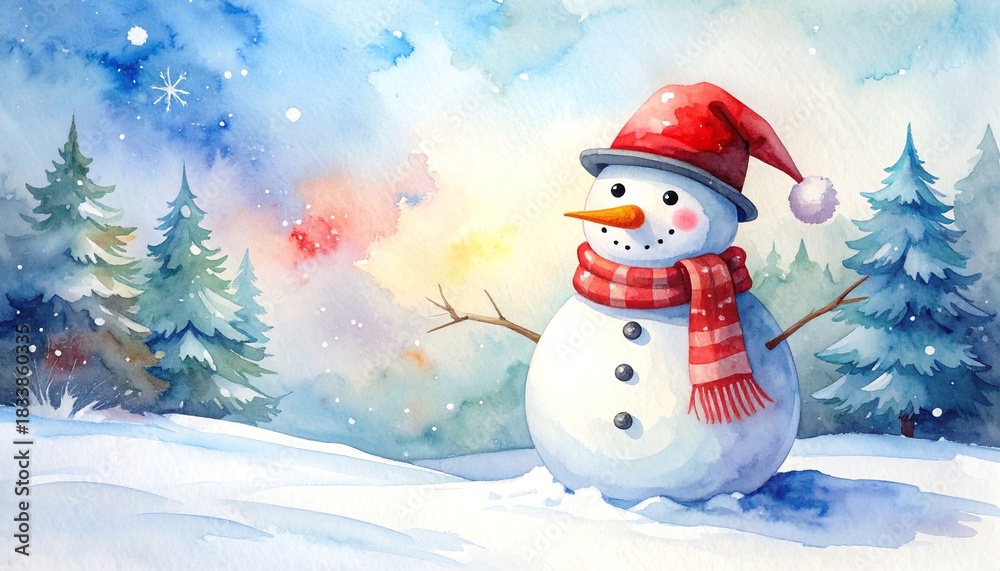 Obraz premium Watercolor painting of a snowman with a red hat on a snowy background