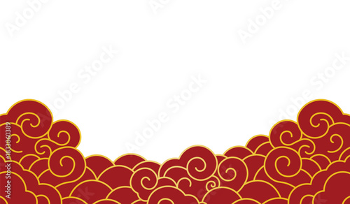 Chinese new year cloud border in traditional red and gold, festive swirling cloud pattern, Asian decorative frame for celebration poster, greeting card, packaging, branding, vector illustration
