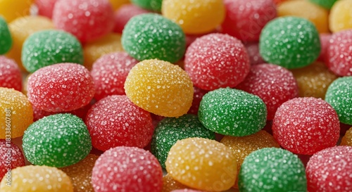 Vibrant assortment of colorful, translucent gummy candies, glistening with sugar crystals, arranged in a playful and inviting pattern ,tasty ,soft ,scattered