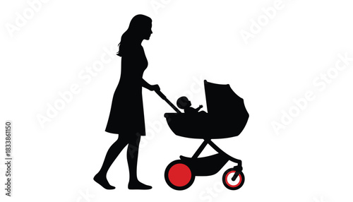 Silhouette of a woman pushing a baby stroller simple illustration isolated on white background
