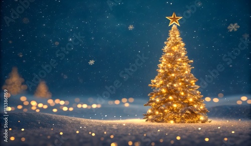 Spruce tree, Christmas tree and bokeh lights blue blur background. Merry Christmas and Happy Holidays greeting card, frame, banner. Winter xmas festive theme.