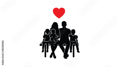 Silhouette of a family sitting on a bench a heart above them representing love and togetherness isolated on white
