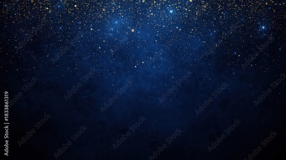 Obraz premium Deep Blue Night Sky Background with Magical Glowing Dust and Sparkles, Abstract Cosmic Texture