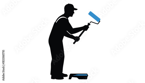 Silhouette of a painter with roller painting a wall illustration isolated on white background