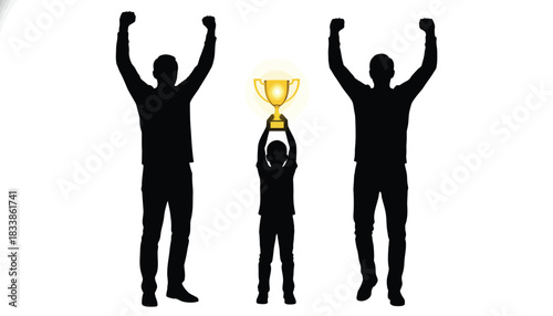Silhouette of a child holding a gold trophy flanked by cheering adults symbolizing success and achievement isolated on white